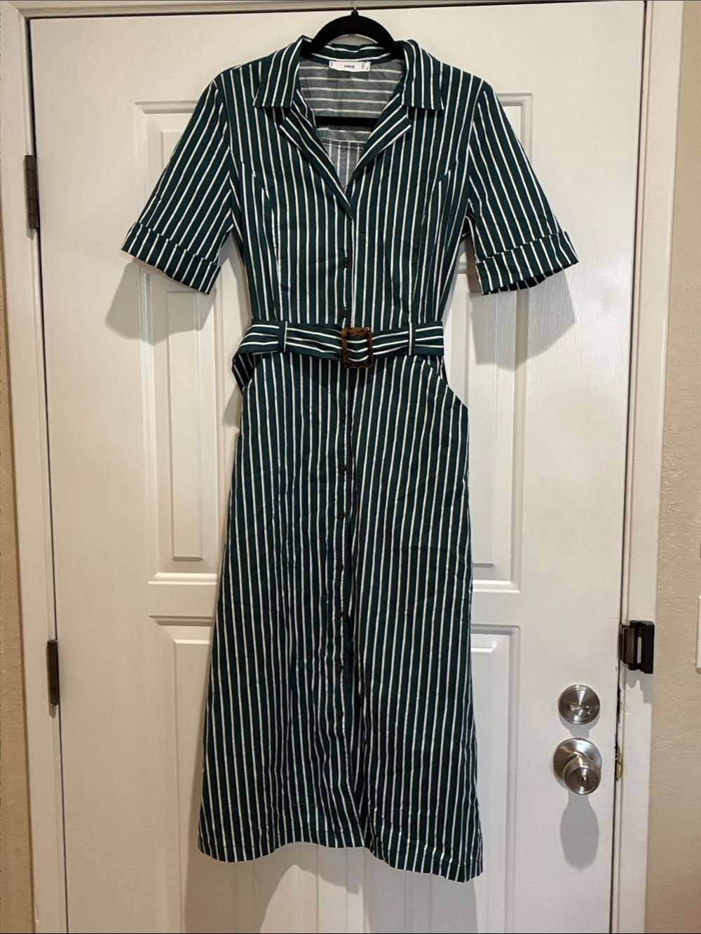 Mango Green and White Vertical-Stripe Midi button down Shirt Dress